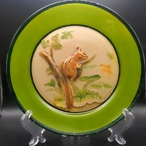 Vintage 3D Glass Art Applique Plate Squirrel in Nature Scene Artist Signed 7.5"